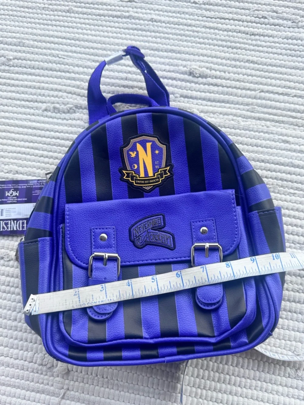 Wednesday Nevermore Mini Backpack Purple Black Striped Faux Leather